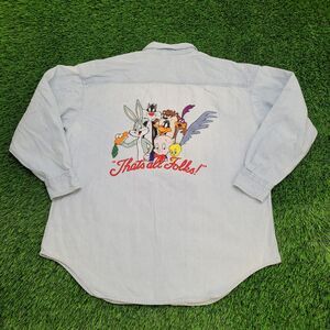 Vintage 90s Looney-Tunes Button Shirt XL 25x31 Pinstripe